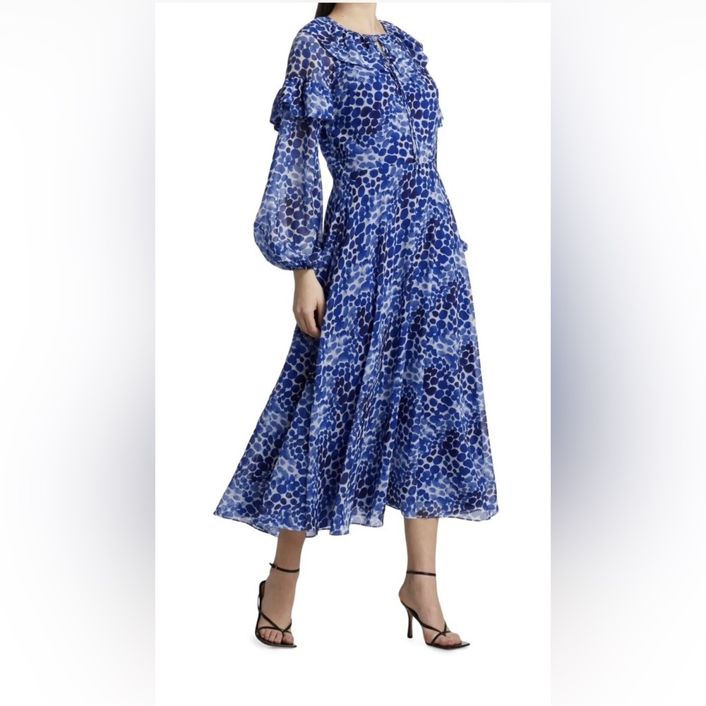 teri jon Chiffon Polka Dot Long Sleeve royal blue MIDI Dress size 12